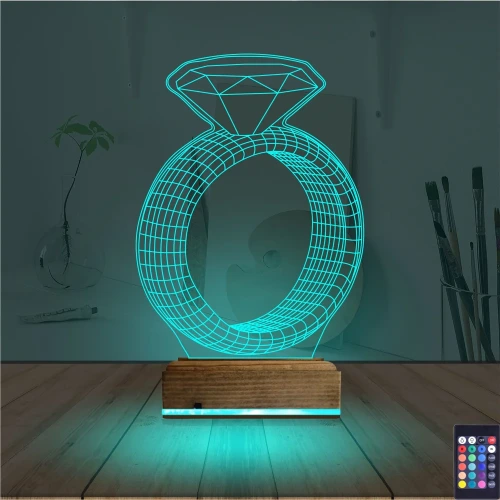 Tek Taş Yüzük Sevgiliye Hediye 3D Lamba - Masa Gece Lambası