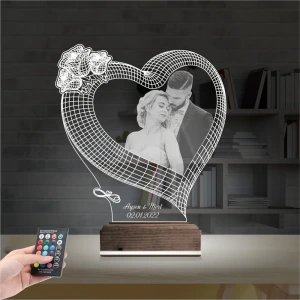Kalp Gül Sevgiliye Hediye Fotoğraflı 3D Lamba - Masa Gece Lambası