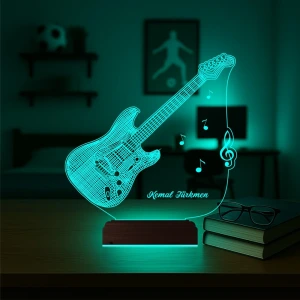 Elktro Gitar Müzisyen Hediye Kişiye Özel 3D Lamba - Masa Gece Lambası